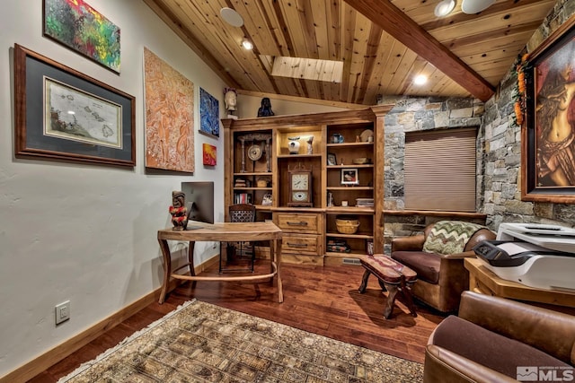 home office featuring built in shelves, lofted ceiling with skylight, wood ceiling, and hardwood / wood-style floors