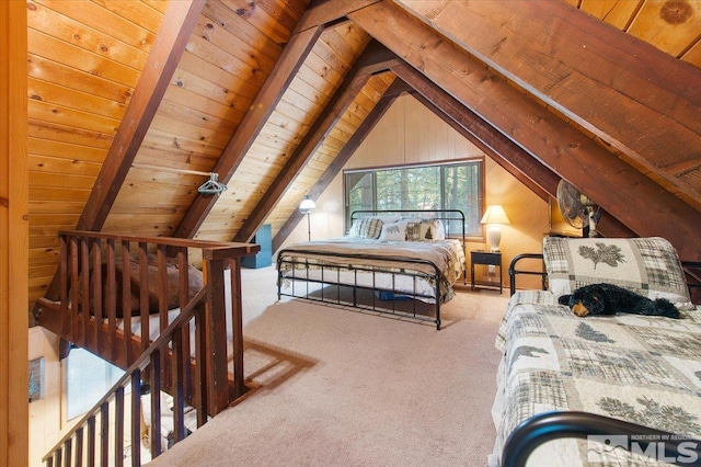 bedroom featuring vaulted ceiling with beams, wood ceiling, and carpet