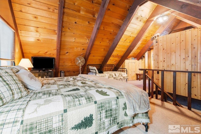 carpeted bedroom featuring wood ceiling, vaulted ceiling with beams, and wood walls