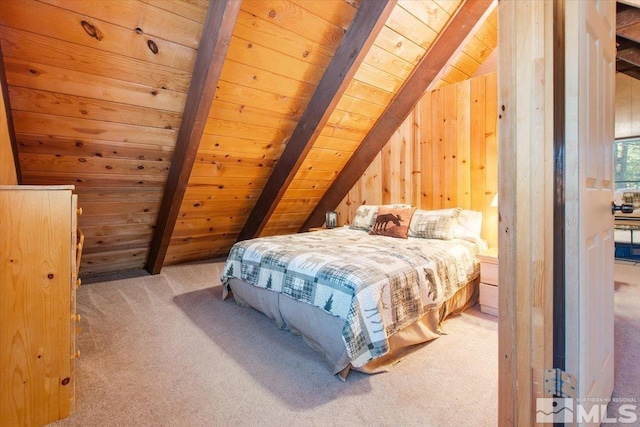 bedroom featuring wooden walls, wooden ceiling, light carpet, and vaulted ceiling with beams