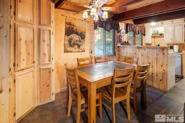 tiled dining room featuring wooden ceiling, wood walls, ceiling fan, and beamed ceiling