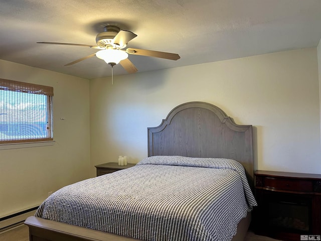 bedroom featuring ceiling fan and a baseboard radiator