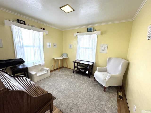 sitting room featuring light carpet and ornamental molding