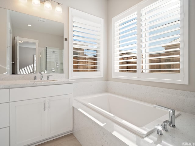 bathroom with vanity and separate shower and tub