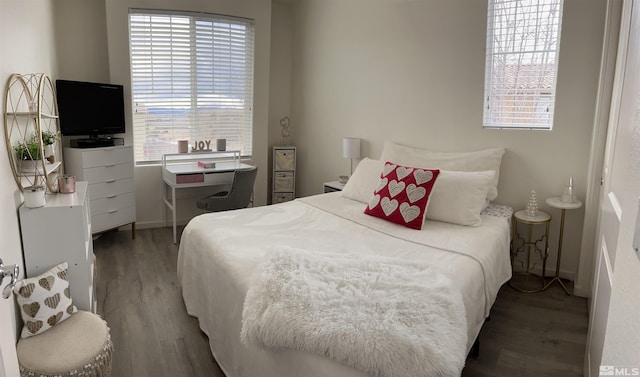 bedroom with multiple windows and hardwood / wood-style flooring