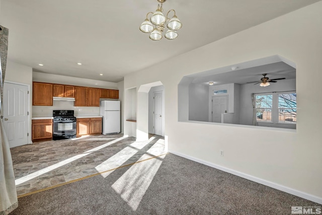 kitchen with ceiling fan with notable chandelier, carpet, white fridge, and black range with gas cooktop