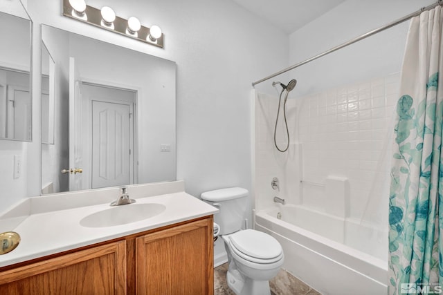 full bathroom with toilet, vanity, and shower / tub combo with curtain