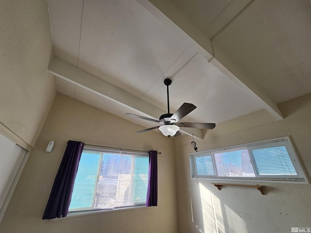 room details featuring ceiling fan and beamed ceiling