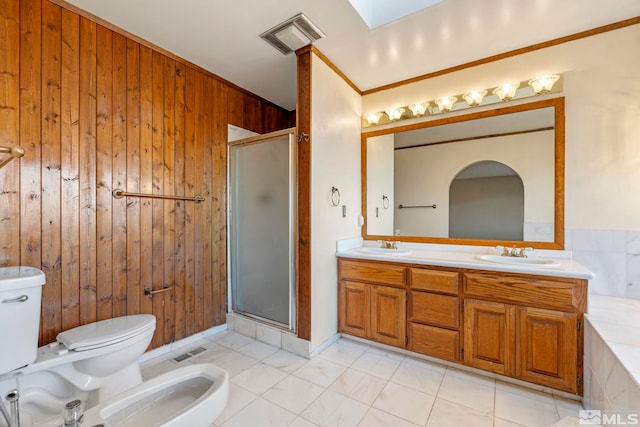 bathroom with a bidet, wooden walls, an enclosed shower, and vanity