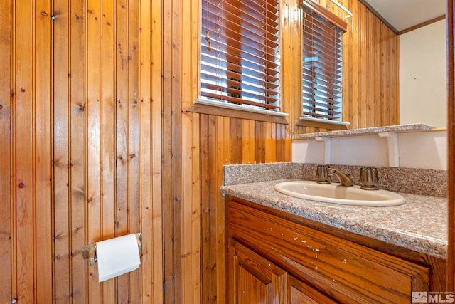 bathroom with wooden walls and vanity