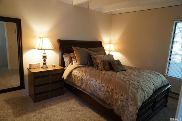 carpeted bedroom featuring a baseboard radiator