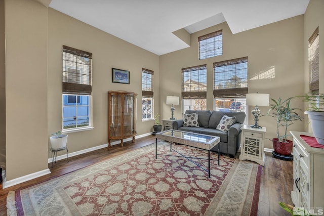 living room with a towering ceiling and dark wood-type flooring