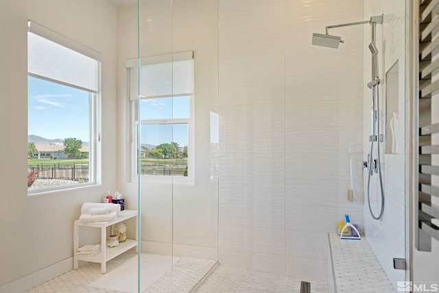 bathroom featuring a shower with door and a mountain view