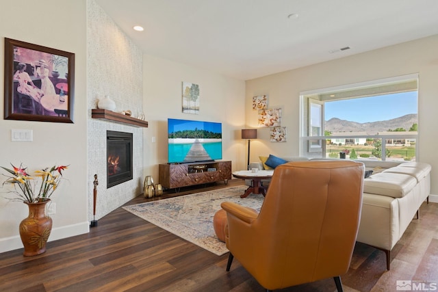 living room featuring dark hardwood / wood-style flooring and a large fireplace