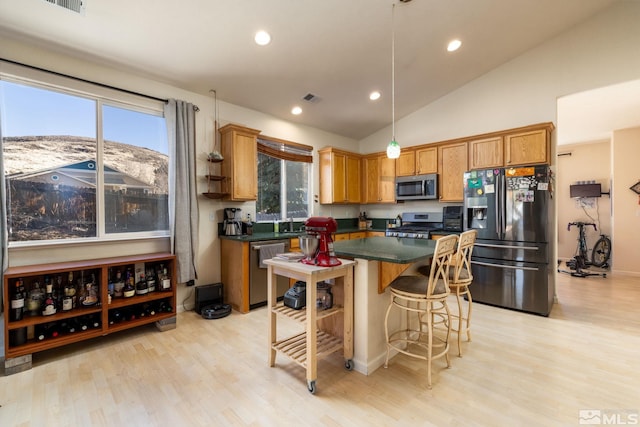 kitchen featuring vaulted ceiling, appliances with stainless steel finishes, hanging light fixtures, light hardwood / wood-style floors, and a center island