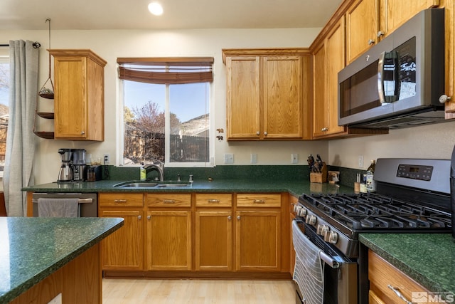 kitchen featuring appliances with stainless steel finishes, light wood-type flooring, and sink