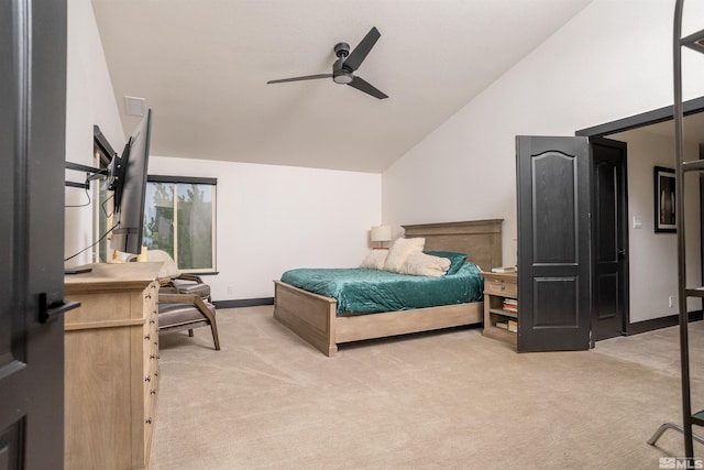 carpeted bedroom with high vaulted ceiling and ceiling fan