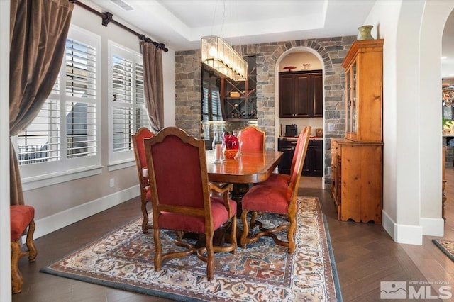 dining room featuring a raised ceiling and dark hardwood / wood-style floors