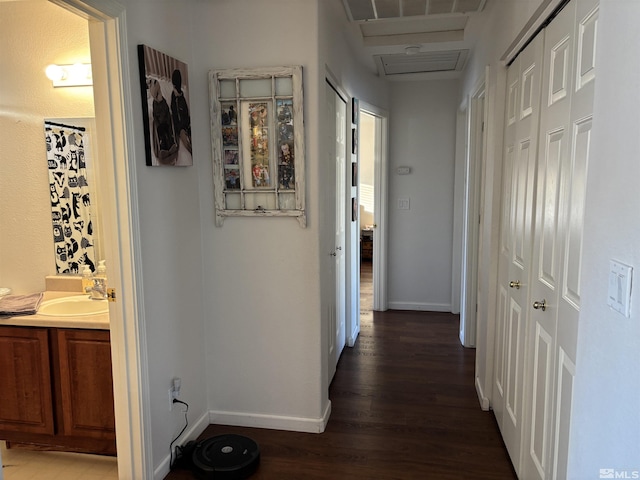 corridor featuring sink and dark wood-type flooring