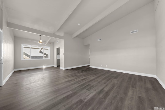 unfurnished living room featuring dark wood-type flooring, ceiling fan, and lofted ceiling with beams