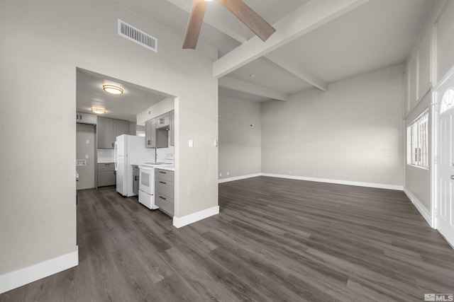 unfurnished living room with dark wood-type flooring and beamed ceiling