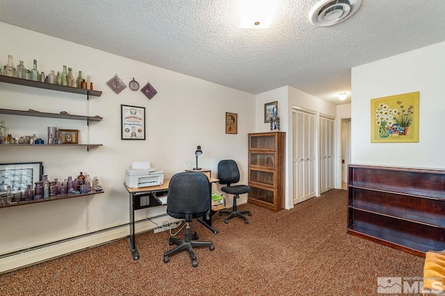 home office with a textured ceiling, a baseboard radiator, and carpet flooring