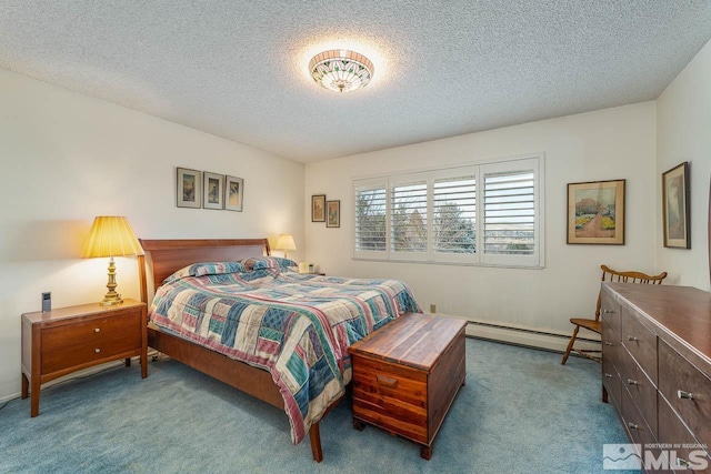 carpeted bedroom featuring a textured ceiling and a baseboard radiator