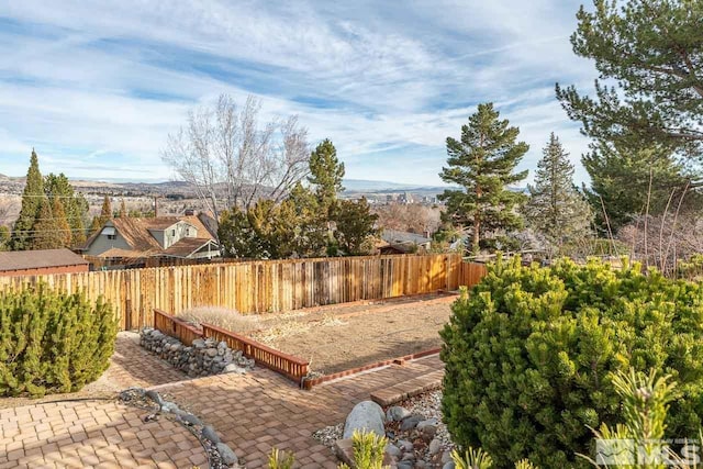 view of yard featuring a patio and a mountain view