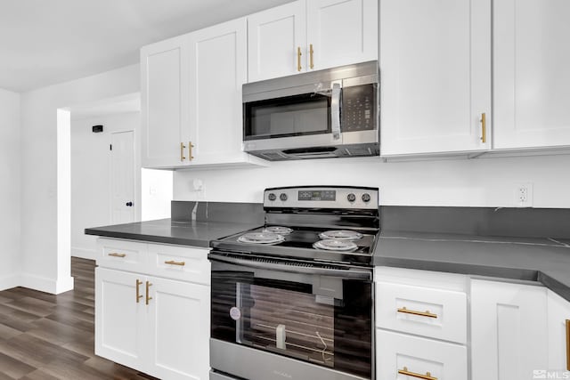 kitchen with white cabinets, stainless steel appliances, and dark hardwood / wood-style floors