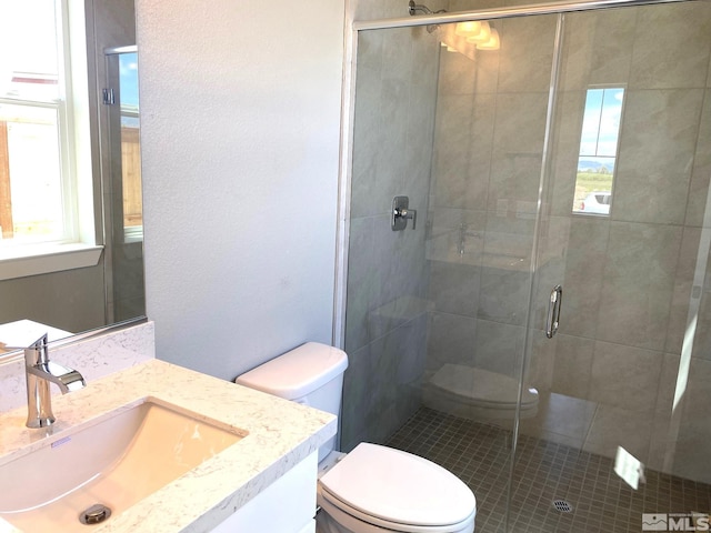 bathroom featuring toilet, an enclosed shower, and vanity