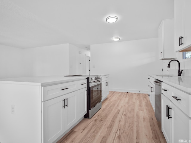 kitchen featuring sink, stainless steel appliances, light wood-type flooring, and white cabinetry