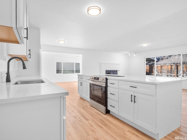 kitchen with a center island, light hardwood / wood-style floors, white cabinetry, stainless steel range with electric stovetop, and sink