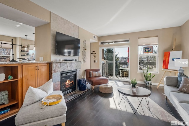 living room featuring dark hardwood / wood-style floors and a fireplace