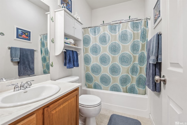 full bathroom with shower / bathtub combination with curtain, tile patterned flooring, vanity, and toilet