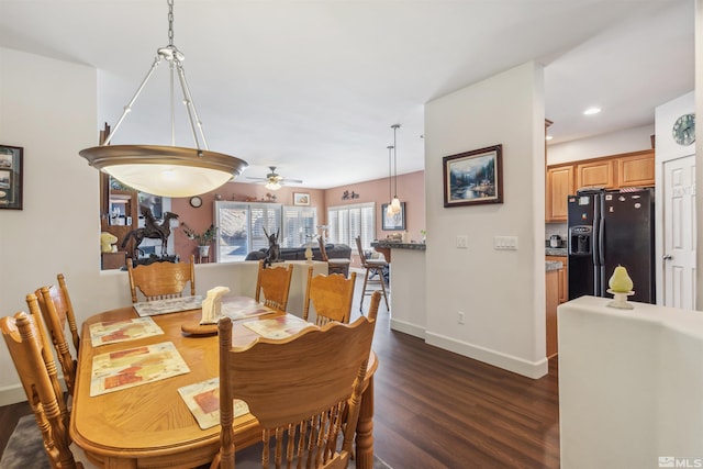 dining room with dark hardwood / wood-style flooring and ceiling fan