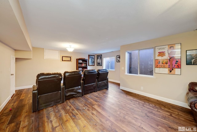 cinema with dark hardwood / wood-style flooring