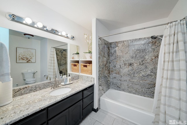 full bathroom featuring toilet, tile patterned floors, shower / tub combo with curtain, and vanity