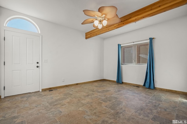 unfurnished room featuring beam ceiling and ceiling fan