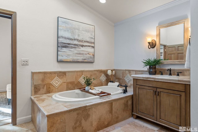 bathroom featuring lofted ceiling, tiled bath, ornamental molding, and vanity