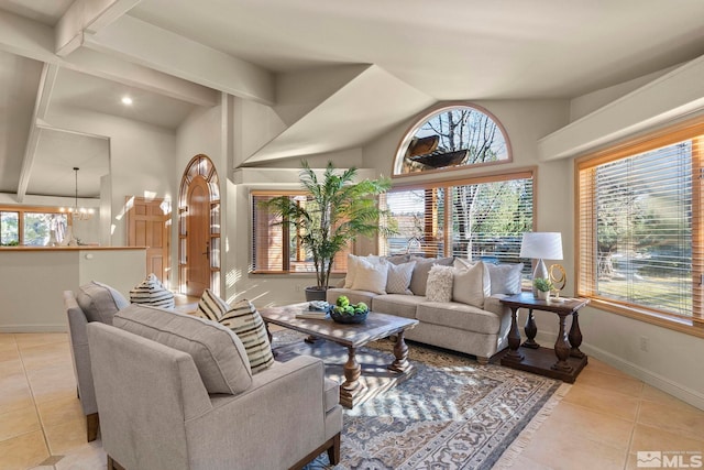 tiled living room featuring a chandelier