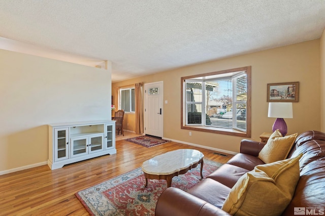 living room with a textured ceiling and light wood-type flooring