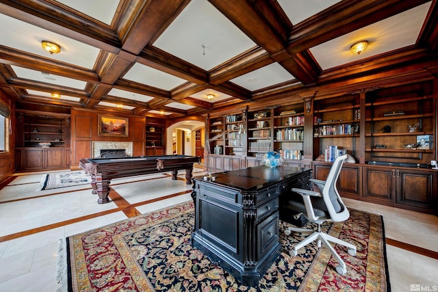 office space with pool table, wooden walls, built in shelves, beam ceiling, and coffered ceiling