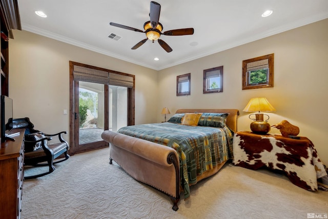 carpeted bedroom featuring access to outside, ornamental molding, and ceiling fan