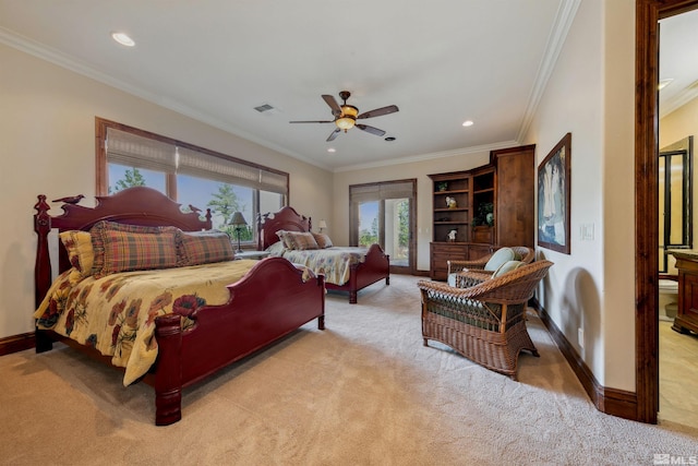 bedroom featuring ornamental molding, ceiling fan, and light carpet