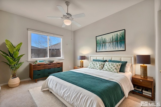 bedroom featuring ceiling fan and light colored carpet