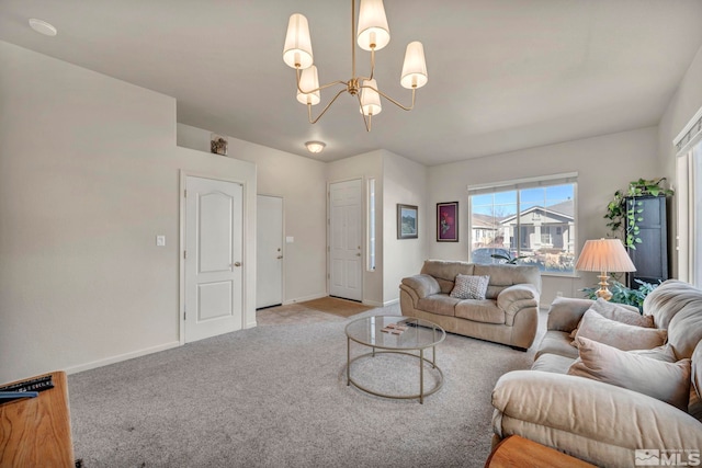 living room featuring light colored carpet and a notable chandelier