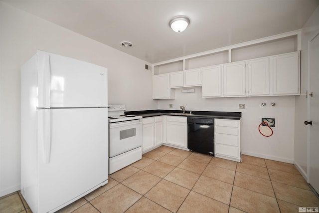 kitchen with sink, white appliances, light tile patterned floors, and white cabinets