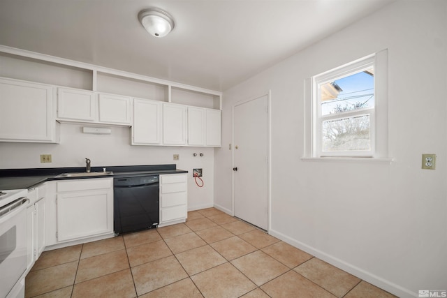 kitchen featuring light tile patterned floors, white range with electric cooktop, white cabinets, black dishwasher, and sink