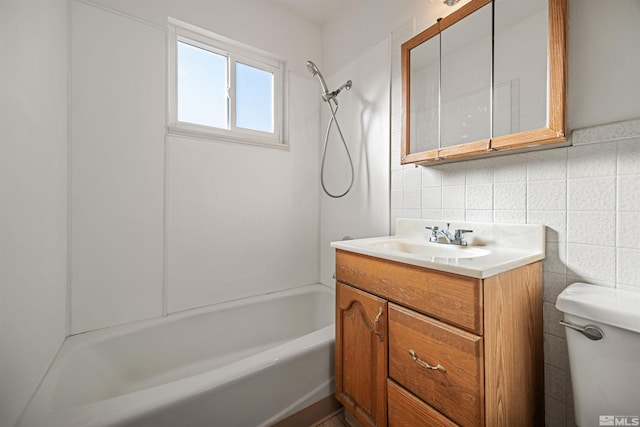 full bathroom with tasteful backsplash,  shower combination, vanity, and toilet