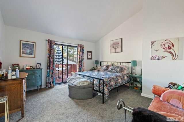 bedroom featuring vaulted ceiling, carpet, and access to exterior